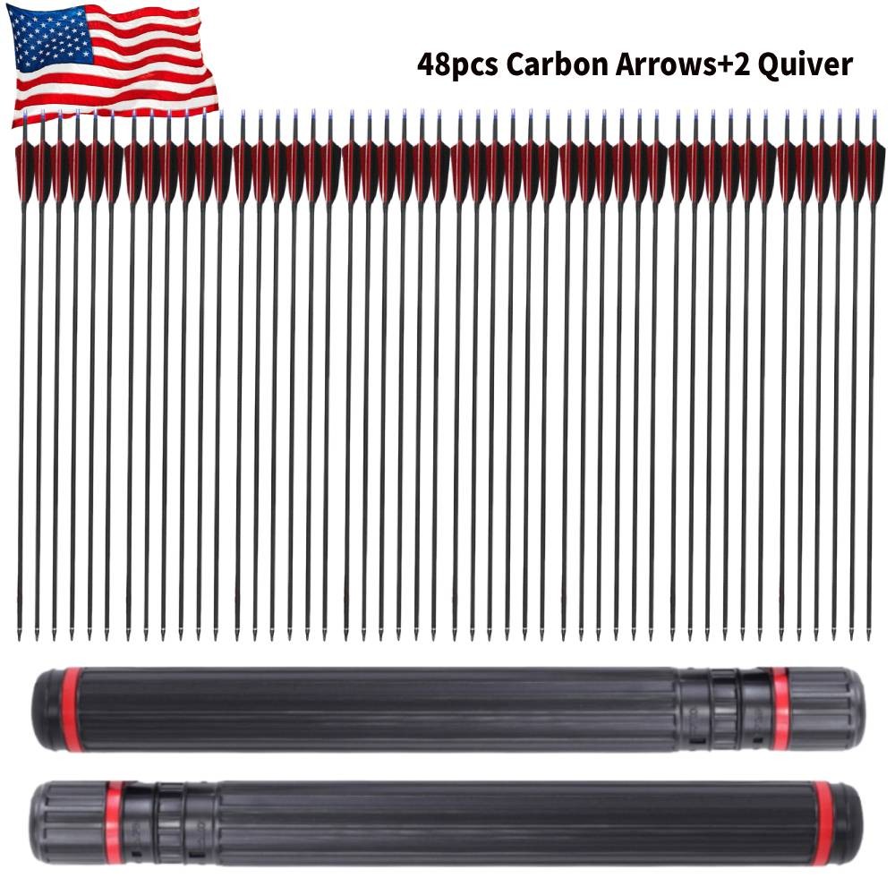 48pcs Archery 30″ Carbon Arrows Turkey Feather Compound Recurve Bow Shot Quiver