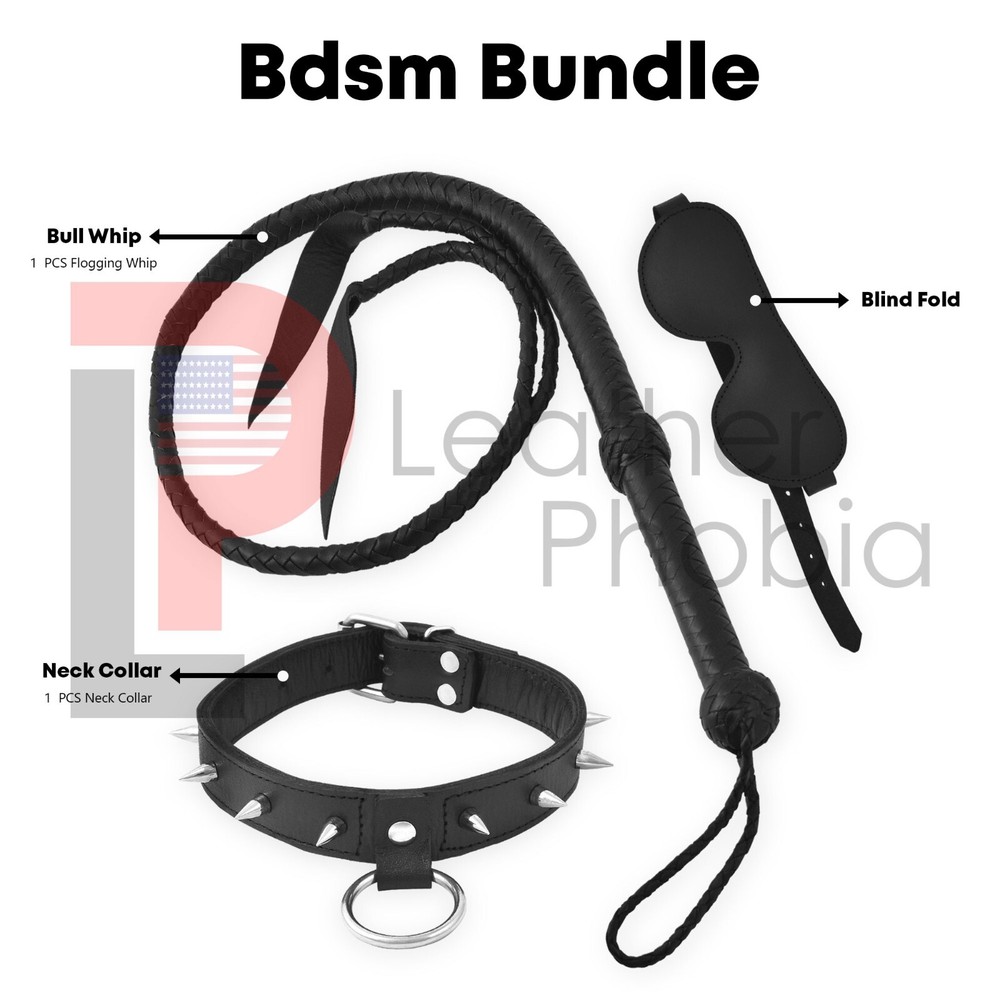 Genuine Cowhide Leather Bondage Set Black Restraints with Cuffs, Collar, Eye MSK
