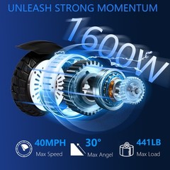 1600W Foldable Electric Scooter, 11» Off Road 40MPH 34 Miles Commuter E-Scooter