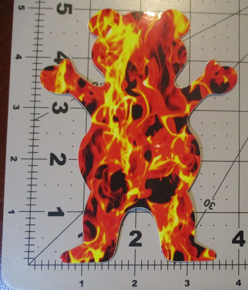 GRIZZLY Griptape Skate Sticker FLAMES BEAR Logo for skateboards helmets decal J
