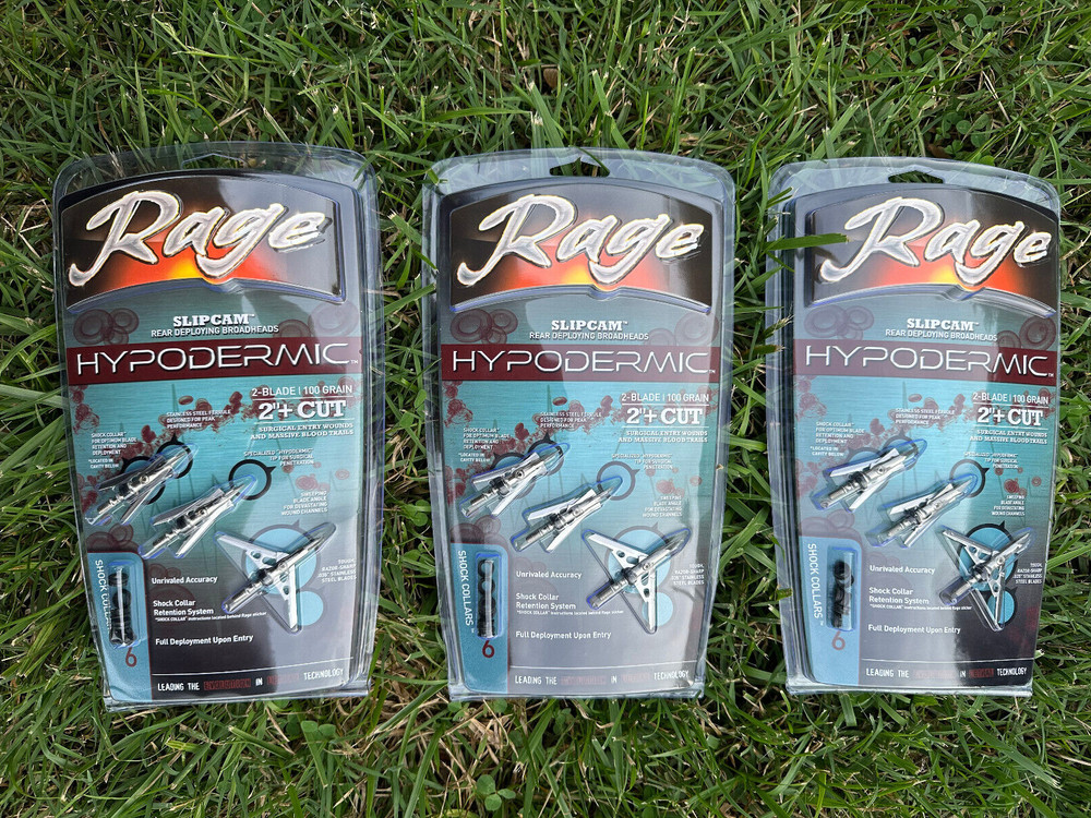 3 packs Rage Slipcam Hypodermic Mechanical 2″ 100 steel Broadhead Shock Collars