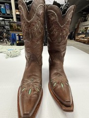 Tony Lama Brown Leather Western Cowboy Boots Embroidery Pointed Toe US 8.5