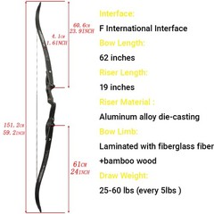62″ Takedown Recurve Bow F Interface 25-60lb Bamboo Limbs Outdoor Hunting Target
