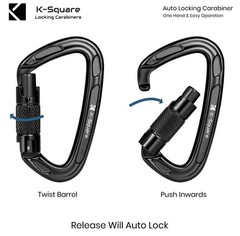 2 AutoLocking 24kN Carabiner Clips Heavy Duty Aluminum DRing Twist Lock Climbing