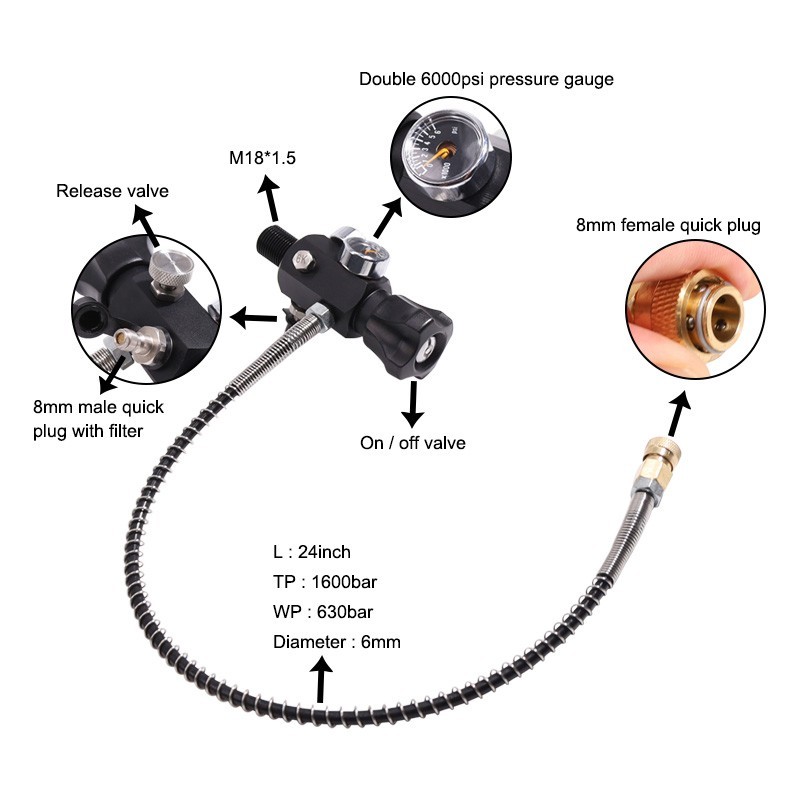 TUXING 4500PSI HPA Regulator Paintball Filling Station Charging Valve Dual Gauge
