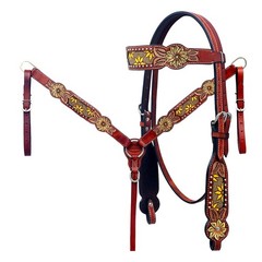 80RK HILASON Western Horse Genuine Leather Floral Design Tack Set Mahogany