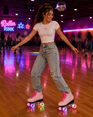 Pink Led Light Up Pink Quad Roller Skates Girls Size 5 (37) PU Leather