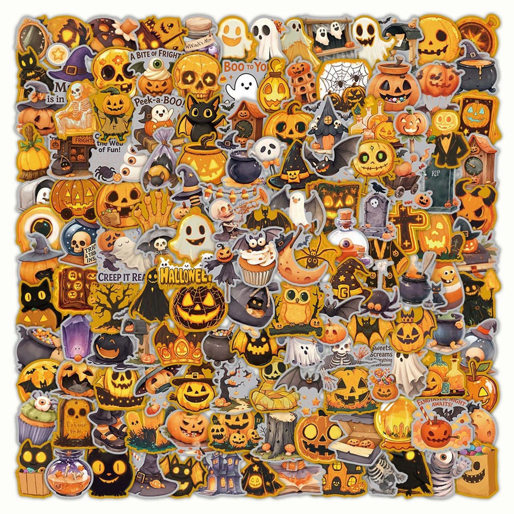 200PCS Halloween Sticker Pack – Pumpkin, Ghost, Witch, Spider, Haunted House DIY