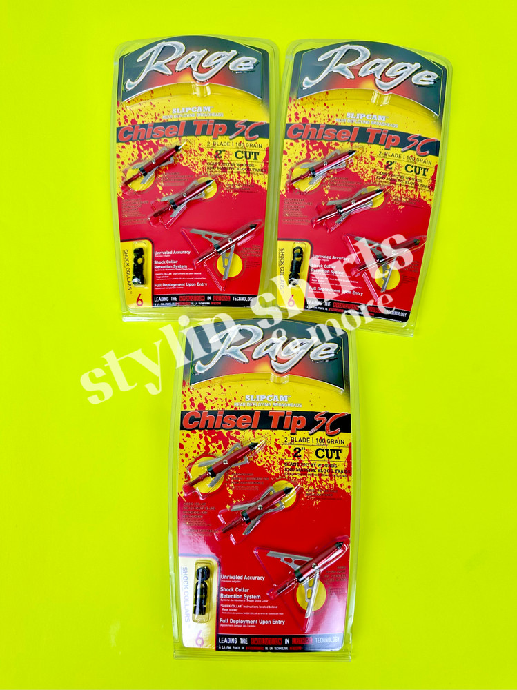 THREE Rage Slipcam CHISEL TIP SC mechanical 2 blade broadhead 100 grain 2″ cut