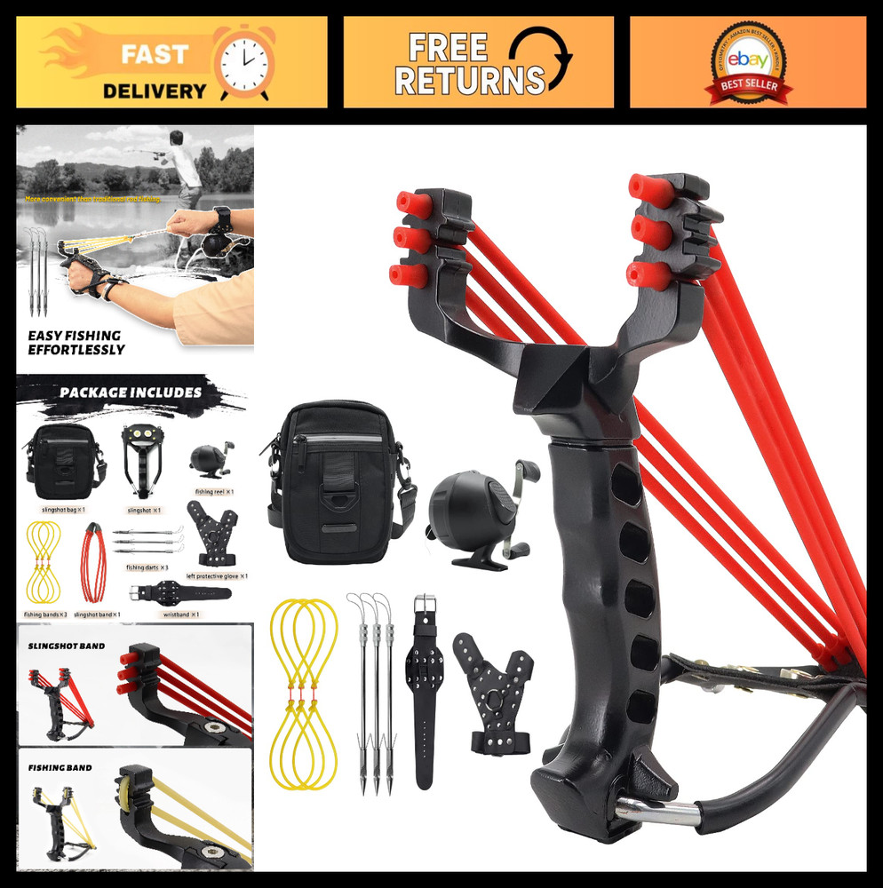 Fishing Reel Slingshot Catapult with Broadheads, Rubber Bands & Carry Bag