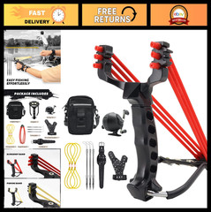 Fishing Reel Slingshot Catapult with Broadheads, Rubber Bands & Carry Bag