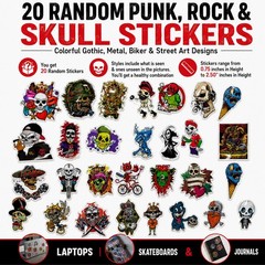 20 Random Punk Rock Skull Stickers Pack Gothic Metal Biker Street Art Decal Lot