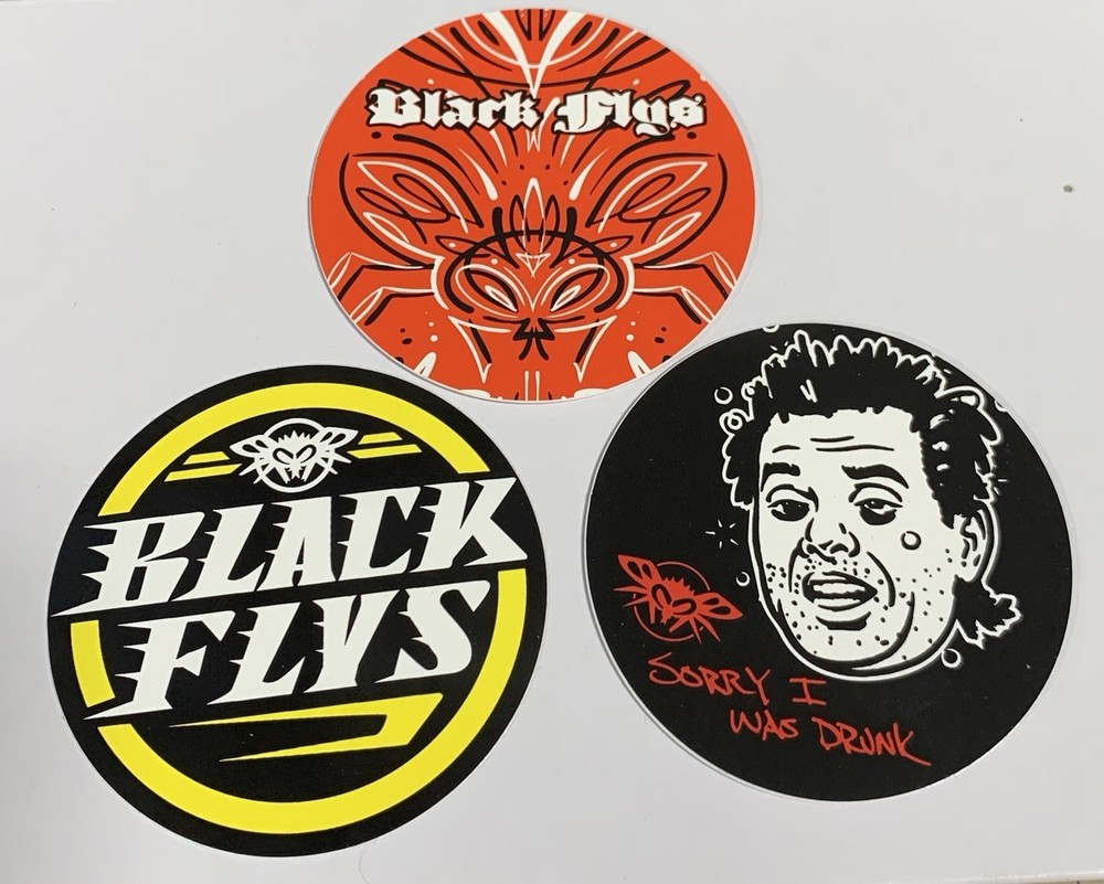 2 1/2 inch Circle Black Flys Eyewear STICKER Surf Skate Snow Party Lot of 3
