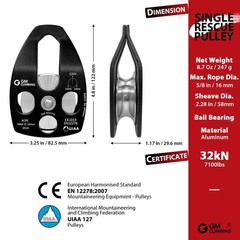 GM CLIMBING Black Large Rescue Pulley 32kN Single Sheave with Swing Plate CE …