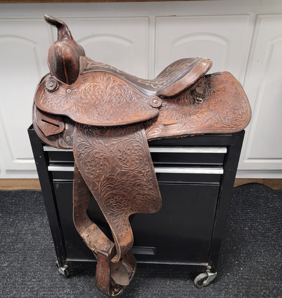 Tooled Leather 15″ Simco Western Saddle a-x