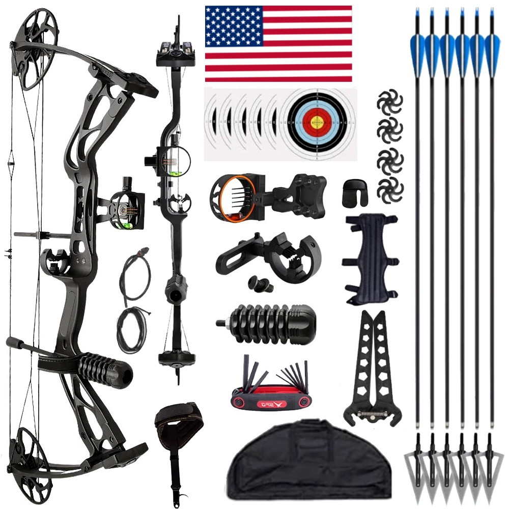 Archery Compound Bow Set 0-70lbs 320FPS Sight Carbon Arrows Feathers Shoting