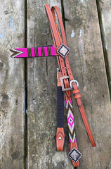 Western brow band headstall w/beaded overlay, copper conchos various colors