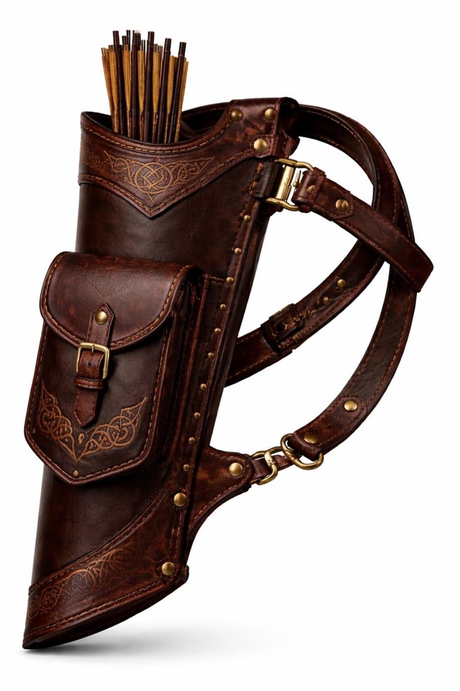Dark brown leather side quiver – Minimalist embossed hunting quiver bag archery