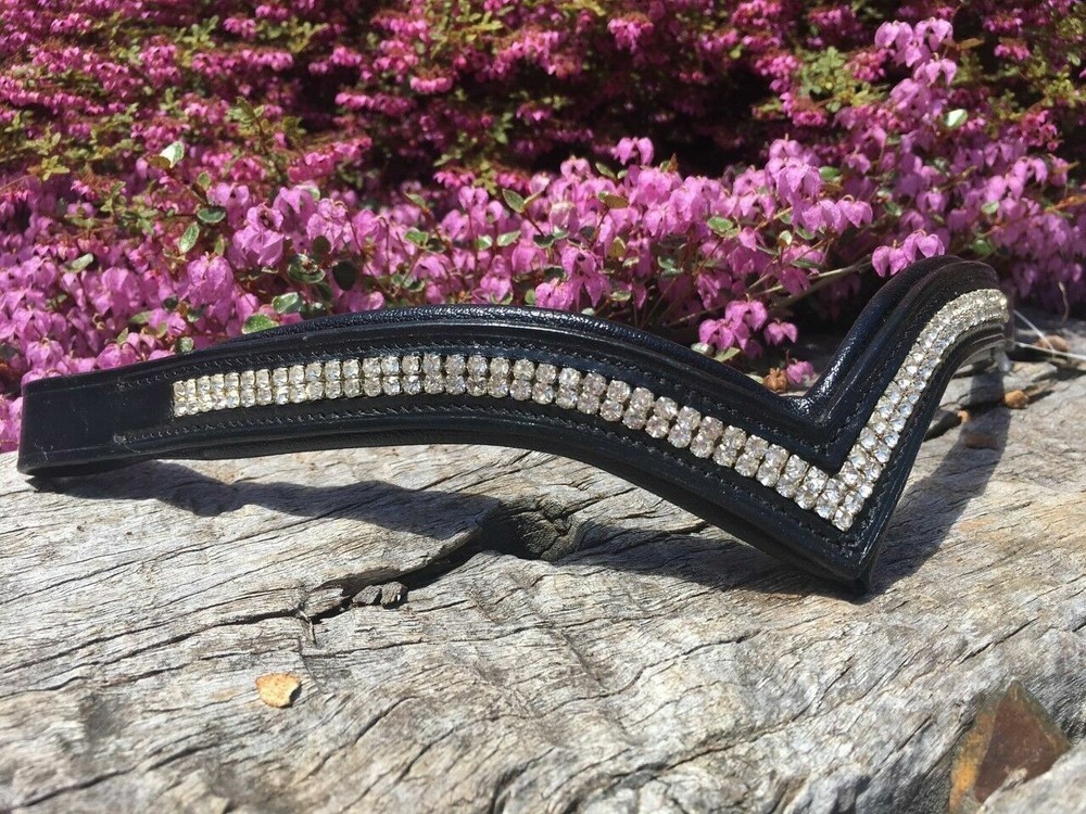 V Shaped White Crystal Brow band Black or Brown Leather 2 Row