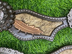 Western Women’s Spur Strap Set with Leather Leaves on Cowhide, Raw Metal Concho