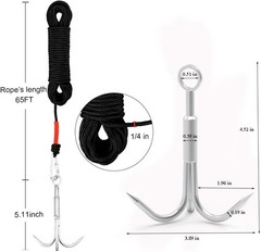 Stainless Steel Outdoor Grappling Hook with 65ft Rope & 3-Claw Climbing Hook