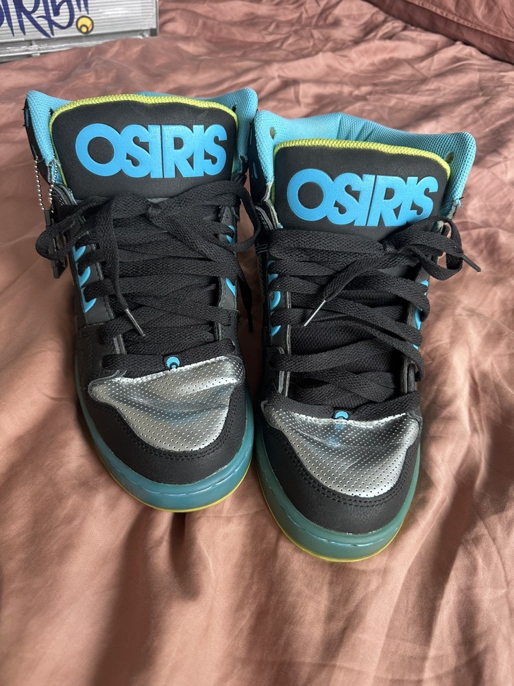 Rare Osiris NYC 83 CLK Men’s Skate Shoes black, cyan, and silver US 11.5