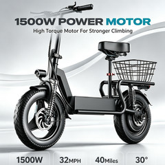 Electric Scooter with Seat Peak 1500W Motor Up to 25MPH 45Miles Range 14″
