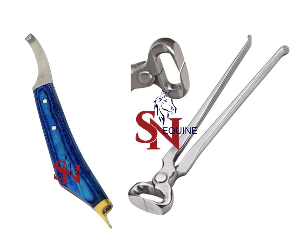 Set Farrier 14″Hoof Nipper Hoof Knife Blue Handle with Brass Horseshoeing Topper