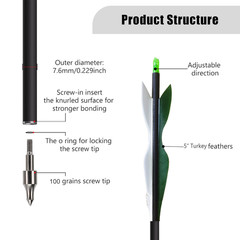 12Pcs 30″ Archery Carbon Arrows Turkey Feathers SP 500 for Recurve&Compound Bow