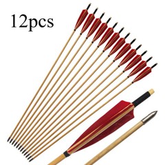 24Pcs Handmade 33″ Traditional Wooden Arrows Red Shield Feather Recurve Longbow
