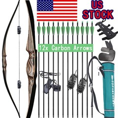 54″ Recurve Bow 20-70lb Wooden Archery Hunting Bow Longbow Target Arrows RH