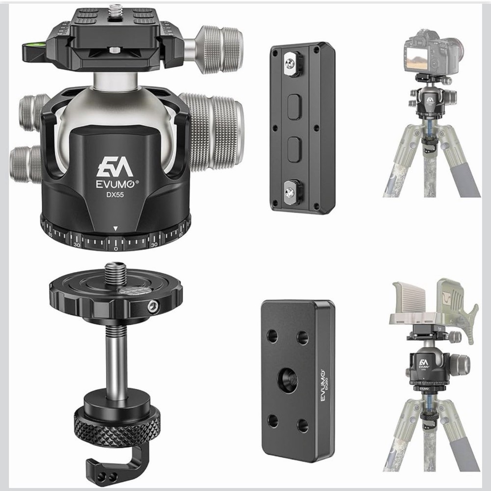 EVUMO DX55 Ball Head with Conversion Kit for BOG DeathGrip Shooting Tripod