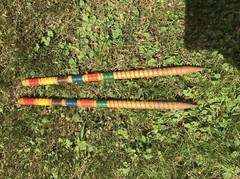 Vintage WOOD CROQUET SET w CADDY metal carrier stand rack rolling lawn game 60s