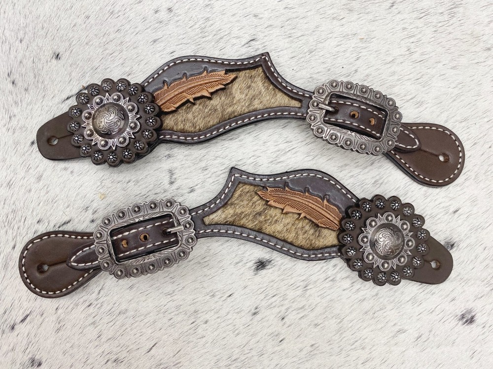 Western Women’s Spur Strap Set with Leather Leaves on Cowhide, Raw Metal Concho