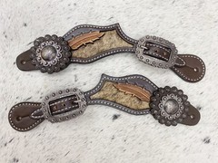 Western Women’s Spur Strap Set with Leather Leaves on Cowhide, Raw Metal Concho