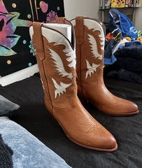 Tan and white leather Ralph Lauren boots.