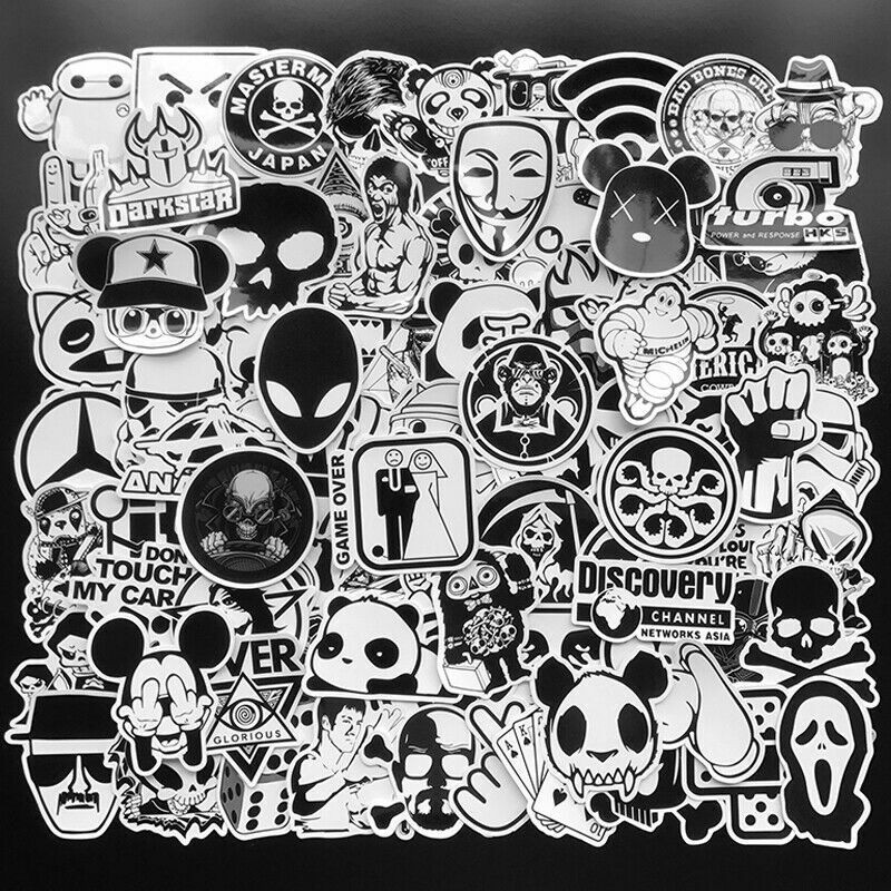 100Pcs Black White Stickers Skateboard Graffiti Laptop Luggage Car Decal Mix Lot