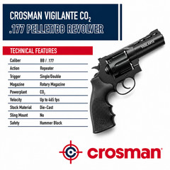 Crosman Vigilante CCP8B2 .177 Cal CO2 BB & Pellet Air Revolver 465 FPS Black