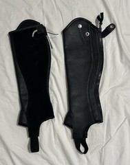 Dover Saddlery Black Leather Half Chaps with Side Zipper and Foot Strap Pair XS