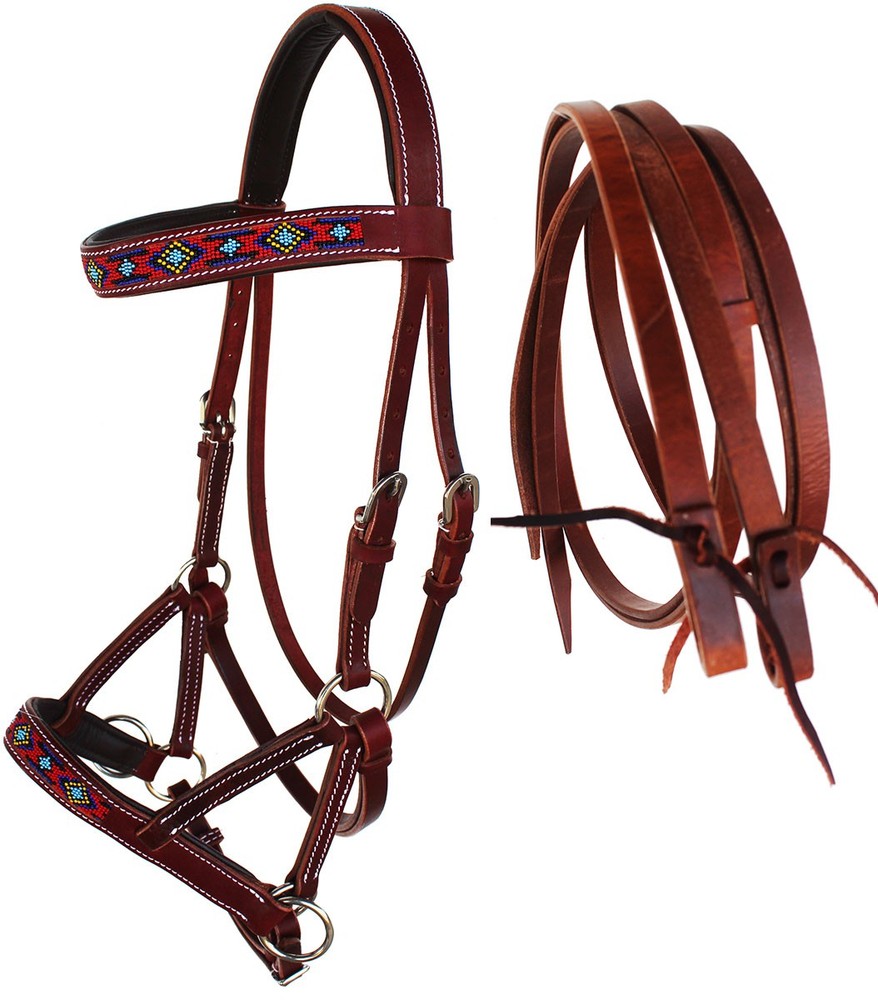 Horse Western Black Leather Beaded Bitless Padded Sidepull Bridle Reins 77RS21