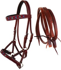 Horse Western Black Leather Beaded Bitless Padded Sidepull Bridle Reins 77RS21