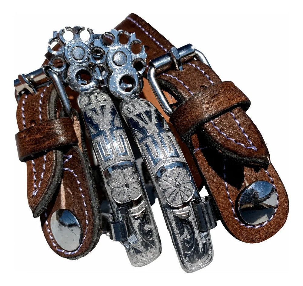 Mexican Charro Spurs Espuelas Adult Stainless Steel Leather Straps Spanish Rowel