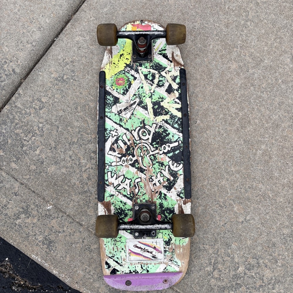 Vintage Sure-Grip International 80’s Skateboard Deck Kilroy Was Here Rasta Wheel