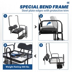 For 1982-2000 Club Car DS Golf Cart Flip Folding Rear Seat Kit w/ Grab Bar black