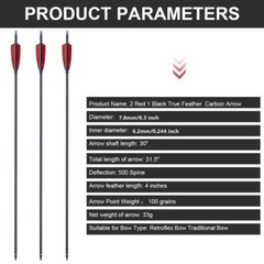 12X 30″ Carbon Shaft Arrows Spine 500 OD 7.6mm RED True Turkey Feathers Hunting