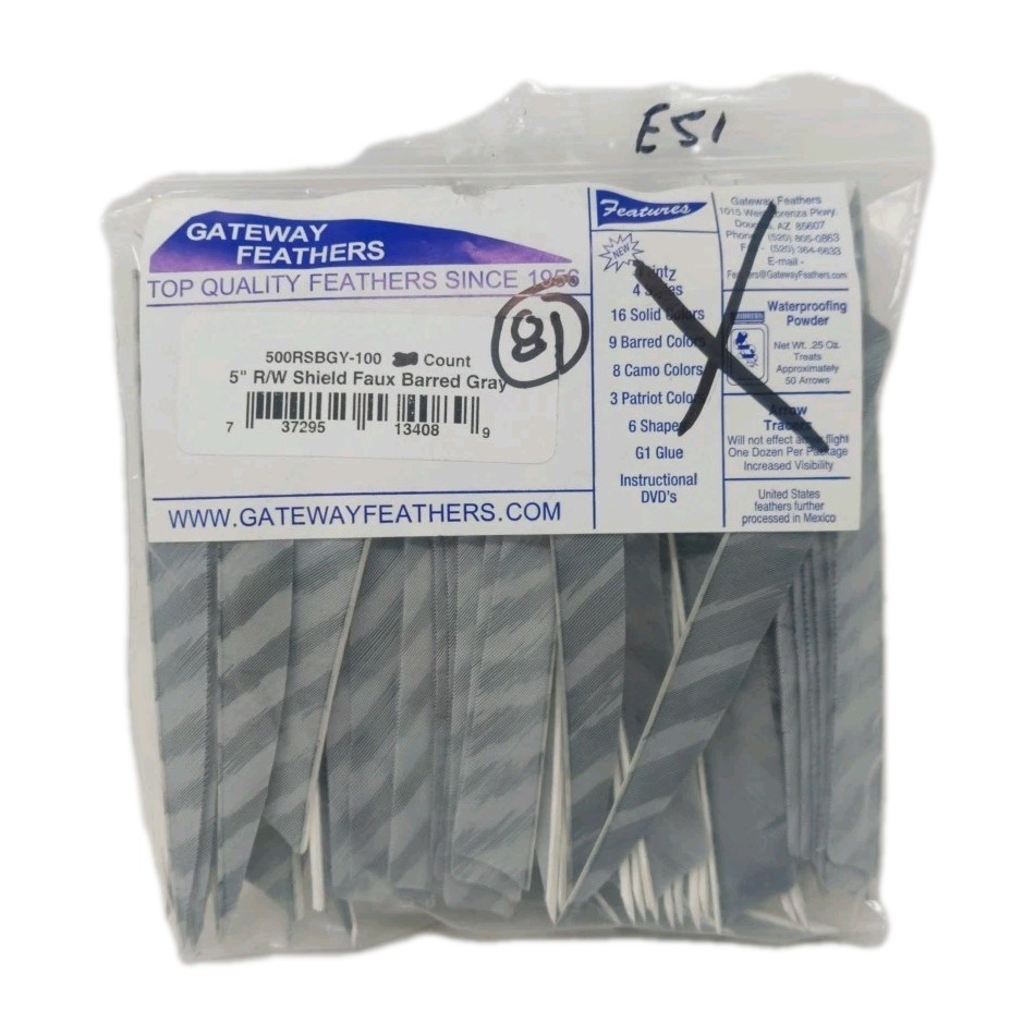 81 Count Gateway Archery Arrow Feathers 5″ Right Wing: Shield Faux Barred Gray