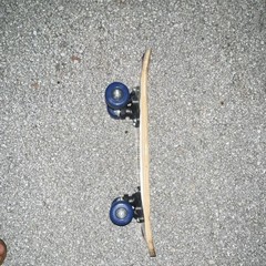 Vintage Multicolor Wood Complete Skateboard with Blue Wheels