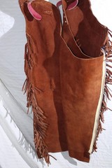 Riding Chaps Red Leather w/Fringe Size Med Thigh 23” (More Size in descrp)