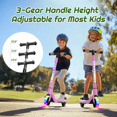 Kids Electric Scooter Pink 100W Adjustable Kick 8MPH 8 Mile Range Rainbow LED