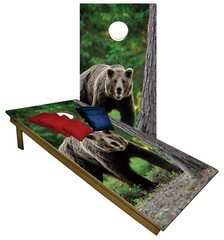 CORNHOLE BEANBAG TOSS GAME w Bags Grizzly Bear Nature Forest Wood Board Set